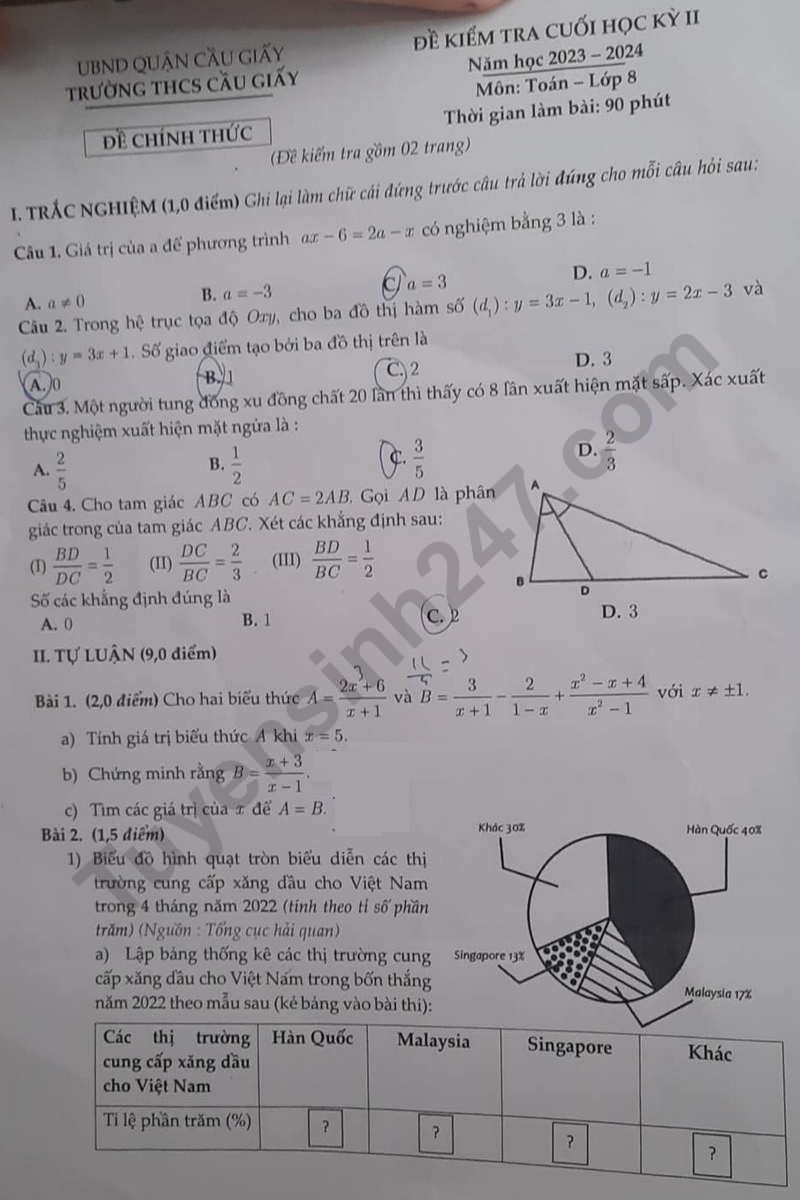 Đề thi kì 2 môn Toán lớp 8 năm 2024 - THCS Cầu Giấy