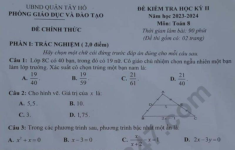 Đề thi cuối kì 2 lớp 8 môn Toán 2024 - Quận Tây Hồ