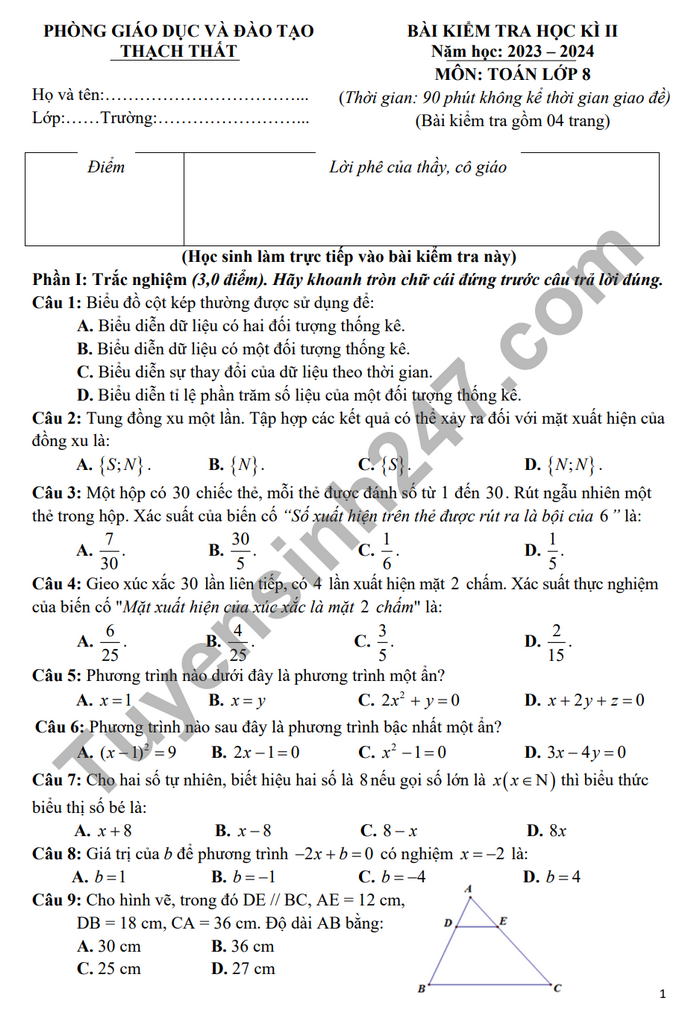 Đề thi kì 2 lớp 8 môn Toán 2024 - Phòng GD Thạch Thất