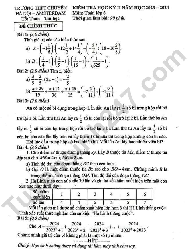 Đề thi kì 2 lớp 6 môn Toán 2024 - Chuyên Amsterdam