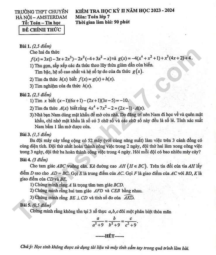 Đề thi kì 2 môn Toán lớp 7 - Chuyên Amsterdam 2024