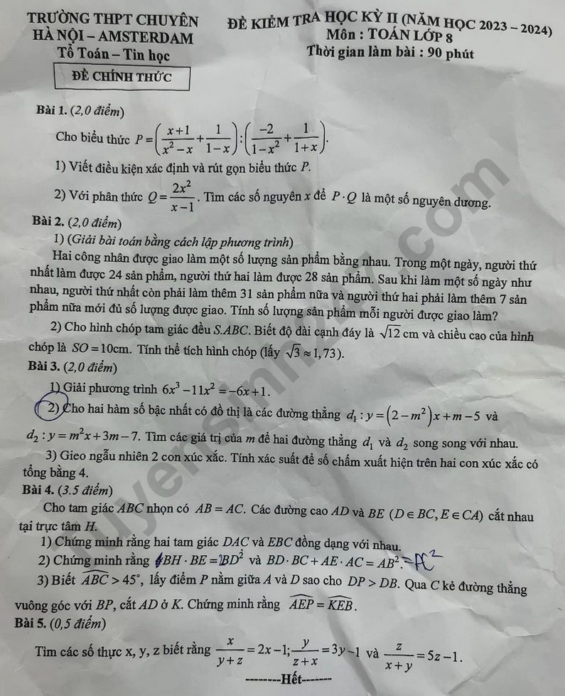 Đề thi lớp 8 môn Toán năm 2024 - Chuyên Amsterdam