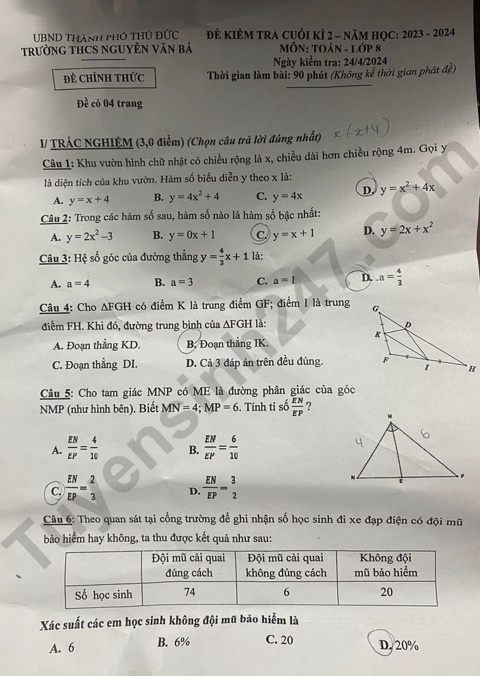 Đề thi kì 2 môn Toán lớp 8 năm 2024 - THCS Nguyễn Văn Bá