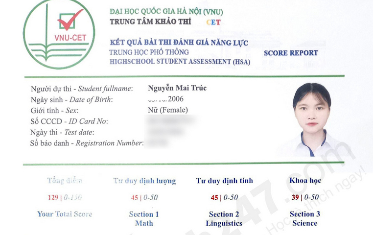 Thủ khoa ĐGNL Hà Nội 3 đợt thi 2024 - Nguyễn Mai Trúc