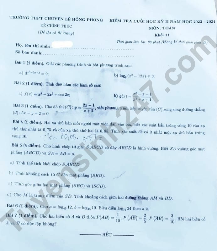 Đề thi kì 2 môn Toán lớp 11 - THPT Chuyên Lê Hồng Phong 2024