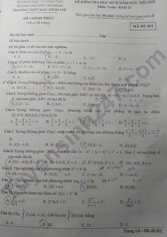 Đề thi kì 2 môn Toán lớp 12 - THPT Mạc Đĩnh Chi 2024