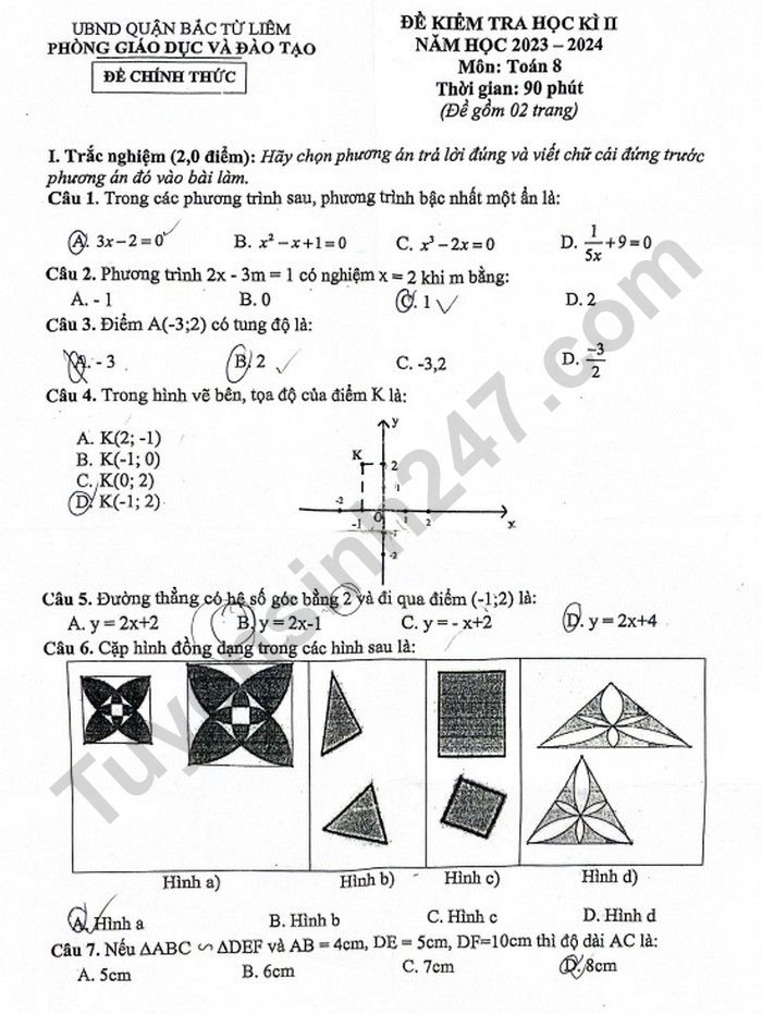 Đề thi kì 2 môn Toán lớp 8 - Quận Bắc Từ Liêm 2024