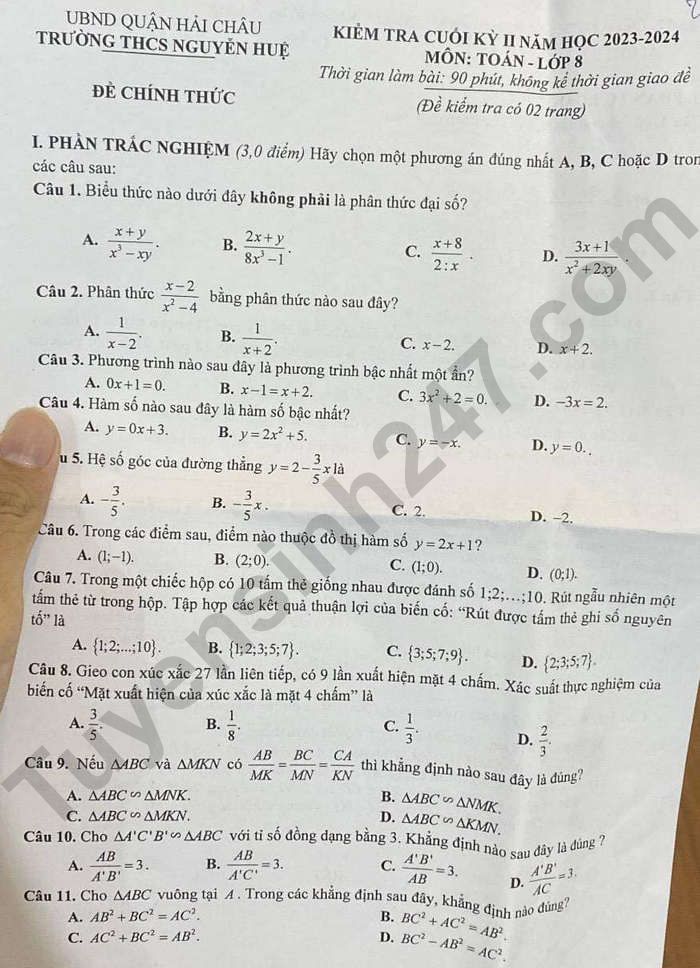 Đề thi kì 2 môn Toán lớp 8 - THCS Nguyễn Huệ 2024