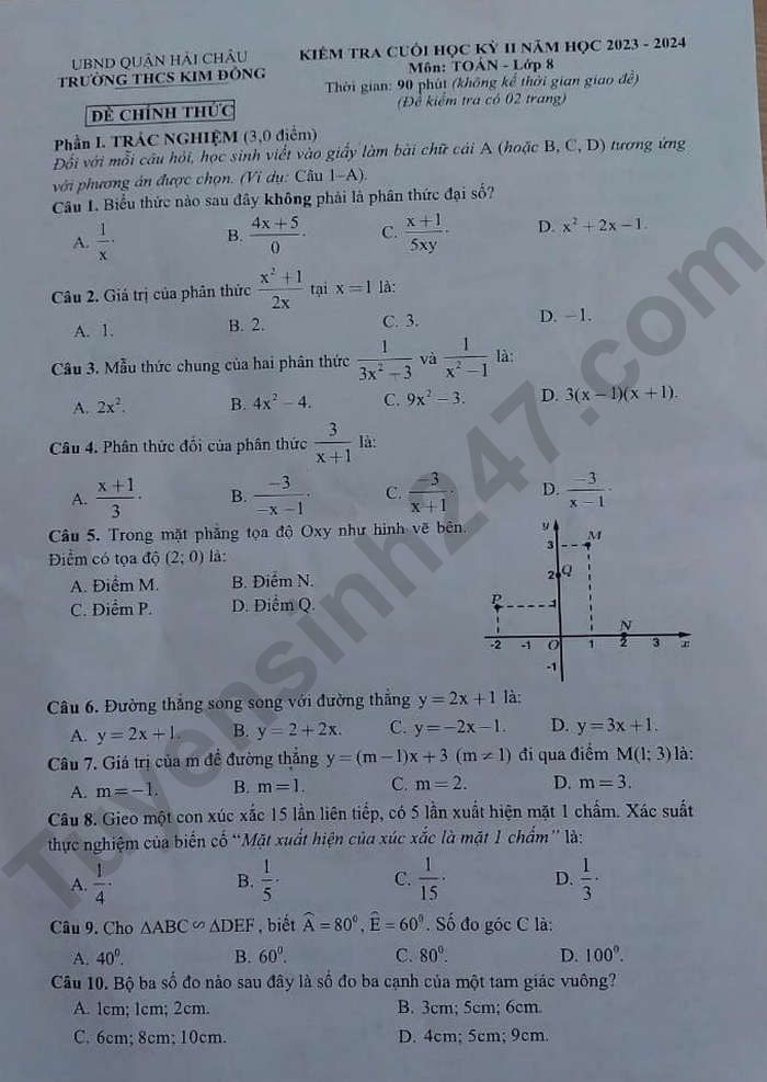 Đề thi kì 2 môn Toán lớp 8 - THCS Kim Đồng 2024