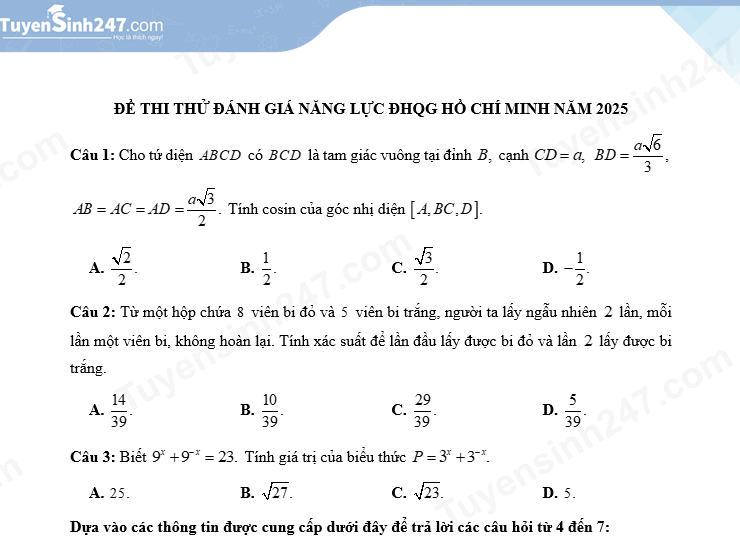 Đề thi thử ĐGNL Đại học Quốc gia HCM 2025