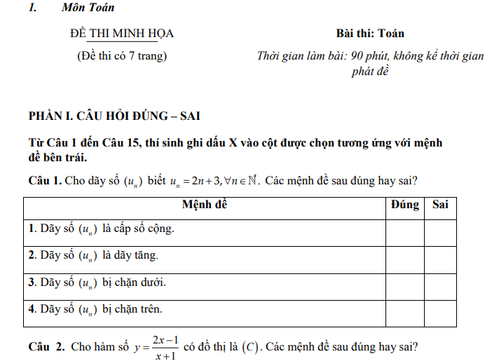 Đề thi minh họa đánh giá đầu vào Đại học Thái Nguyên