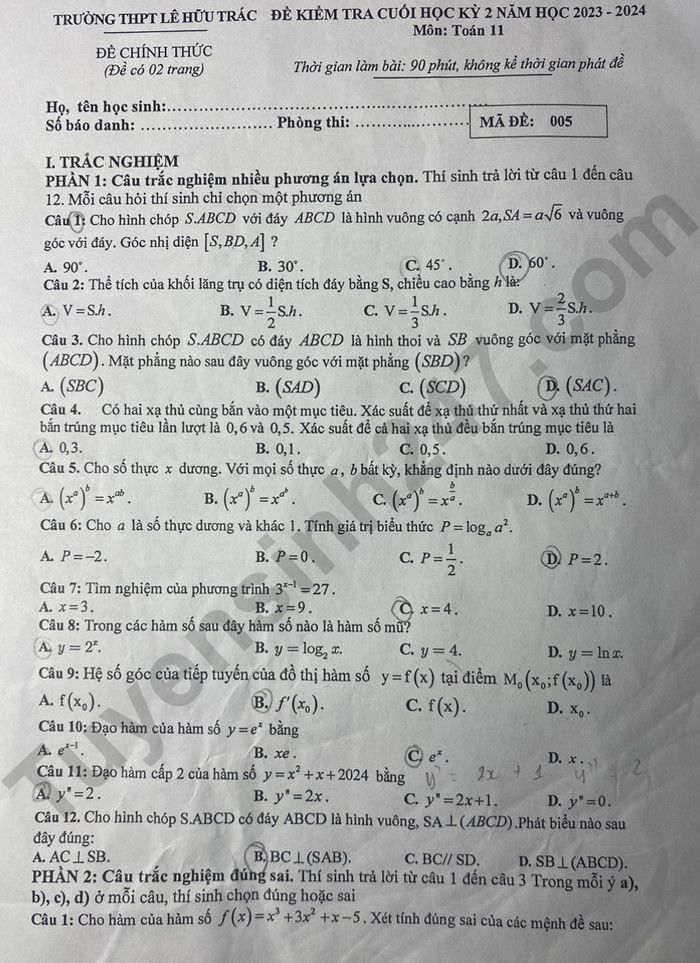 Đề thi kì 2 môn Toán lớp 11 - THPT Lê Hữu Trác 2024