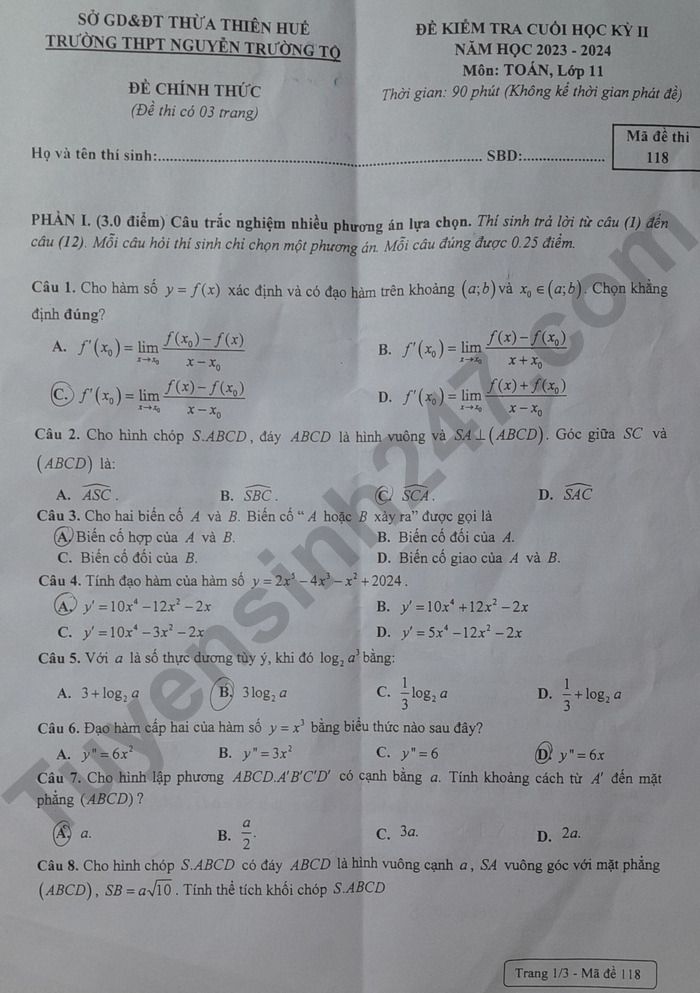 Đề thi kì 2 môn Toán lớp 11 - THPT Nguyễn Trường Tộ 2024