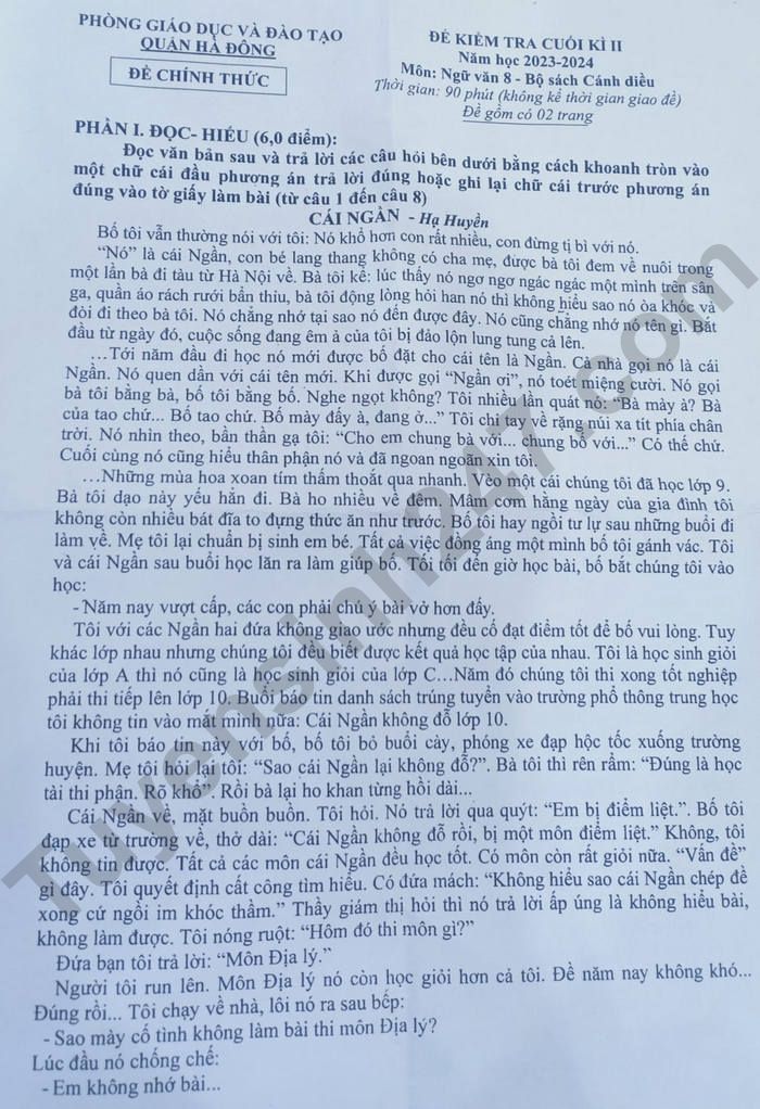 Đề thi kì 2 môn Văn lớp 8 - Quận Hà Đông 2024