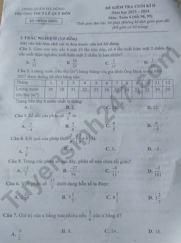 Đề thi kì 2 môn Toán lớp 6 năm 2024 - THCS Lê Quý Đôn