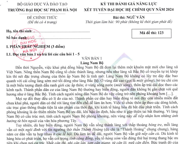 Đề thi đánh giá năng lực ĐH Sư phạm Hà Nội 2024 - môn Văn (có đáp án)