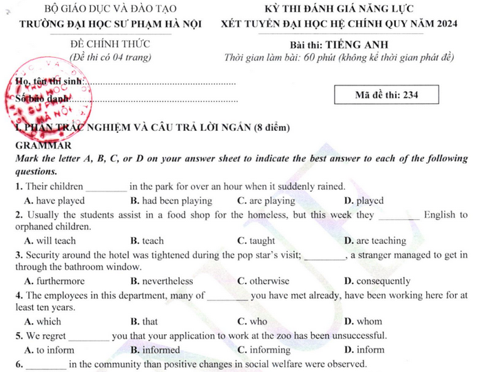 Đề thi ĐGNL môn Anh ĐH Sư phạm Hà Nội 2024 (ca sáng) - Có đáp án