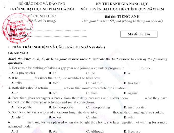 Đề thi ĐGNL ĐH Sư phạm Hà Nội 2024 môn Anh (ca chiều) - Có đáp án