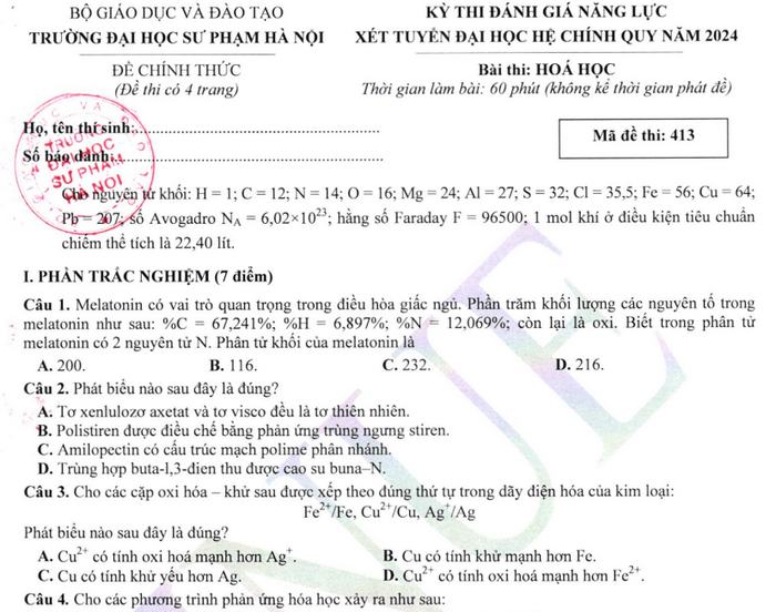 Đề thi đánh giá năng lực môn Hóa 2024 ĐH Sư phạm Hà Nội - Có đáp án