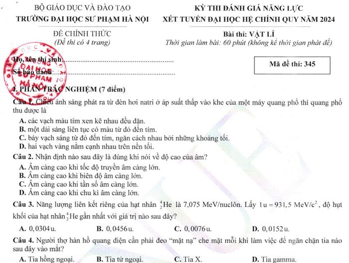 Đề thi đánh giá năng lực ĐH Sư phạm Hà Nội 2024 môn Lý - Có đáp án