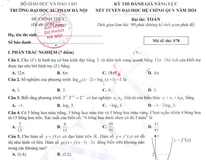 Đề thi đánh giá năng lực môn Toán - ĐH Sư phạm Hà Nội 2024 (có đáp án)