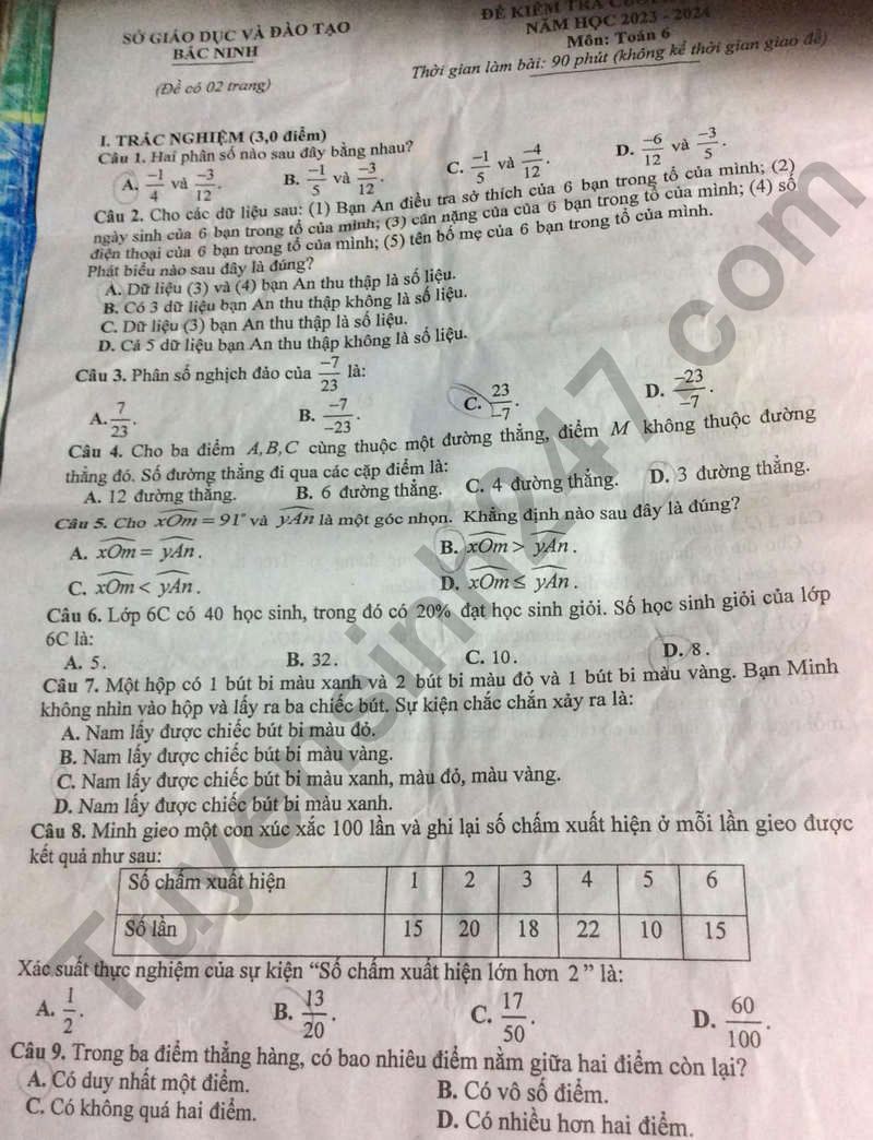 Đề thi học kì 2 Toán 6 năm 2024 - Sở GD Bắc Ninh