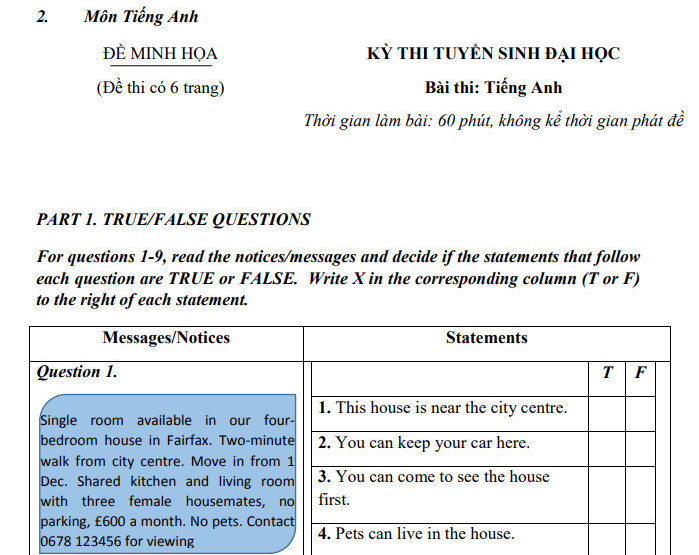 Đề minh họa môn Anh thi đánh giá đầu vào Đại học Thái Nguyên