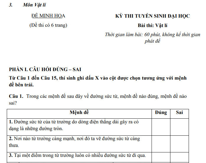 Đề minh họa thi đánh giá đầu vào (V-SAT) Đại học Thái Nguyên môn Lý