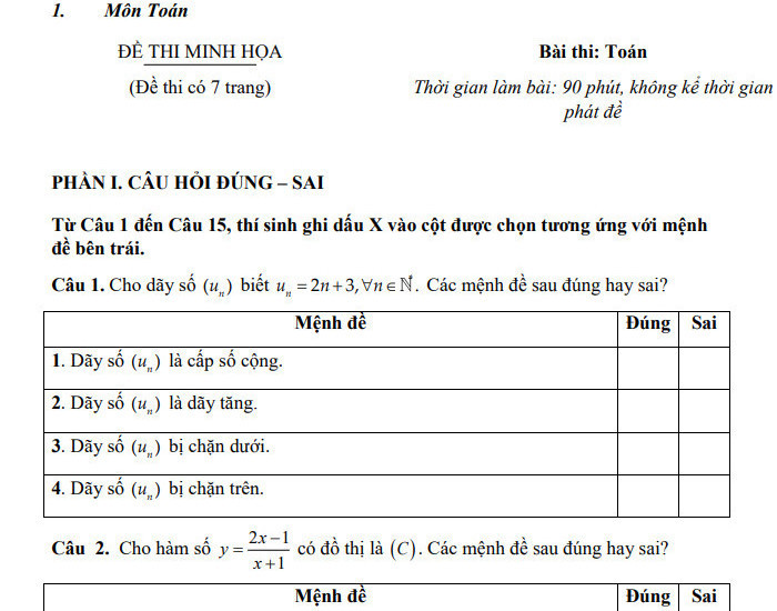 Đề minh họa thi đánh giá đầu vào Đại học Thái Nguyên - môn Toán