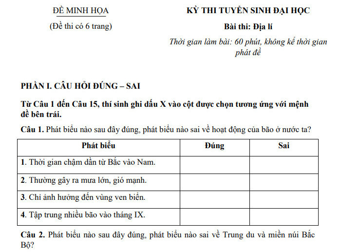 Đề thi minh họa đánh giá đầu vào (V-SAT) Đại học Thái Nguyên - môn Địa