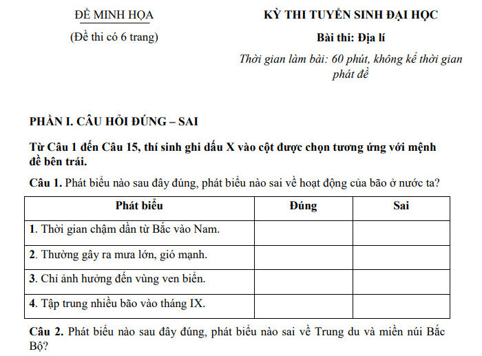 Đề minh họa môn Địa - thi đánh giá đầu vào (V-SAT) Đại học Thái Nguyên