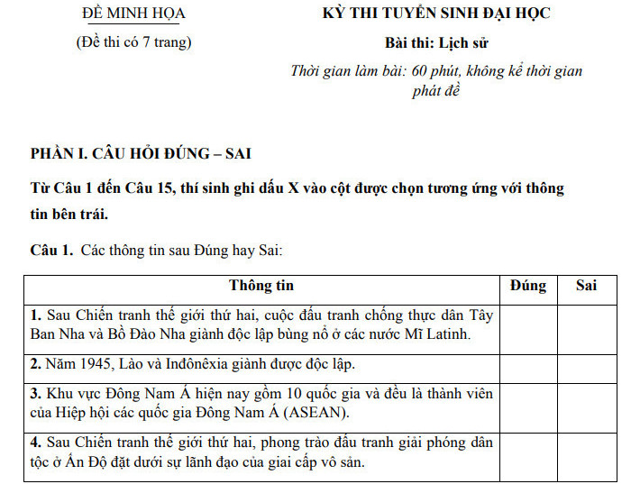 Đề thi minh họa đánh giá đầu vào Đại học Thái Nguyên môn Sử