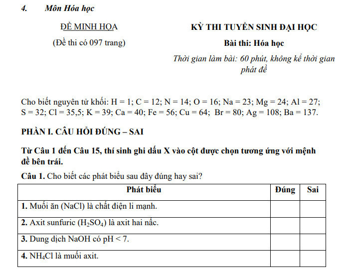 Đề minh họa thi đánh giá đầu vào (V-SAT) Đại học Thái Nguyên - môn Hóa