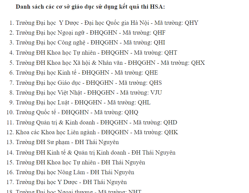 Danh sách trường xét đánh giá năng lực HSA 2025 Hà Nội - Mới nhất