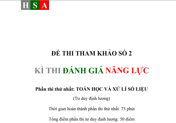 Đề thi minh họa ĐGNL Hà Nội - HSA 2025 (Có đáp án)