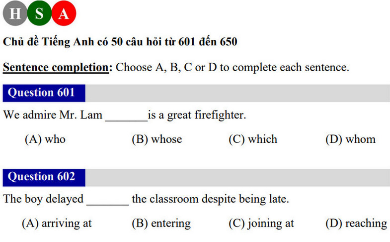 Đề minh họa Tiếng Anh - ĐGNL HSA Hà Nội 2025
