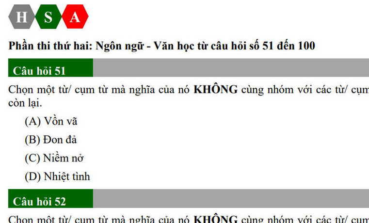 Đề minh họa phần Ngôn ngữ - Văn học - ĐGNL HSA Hà Nội 2025