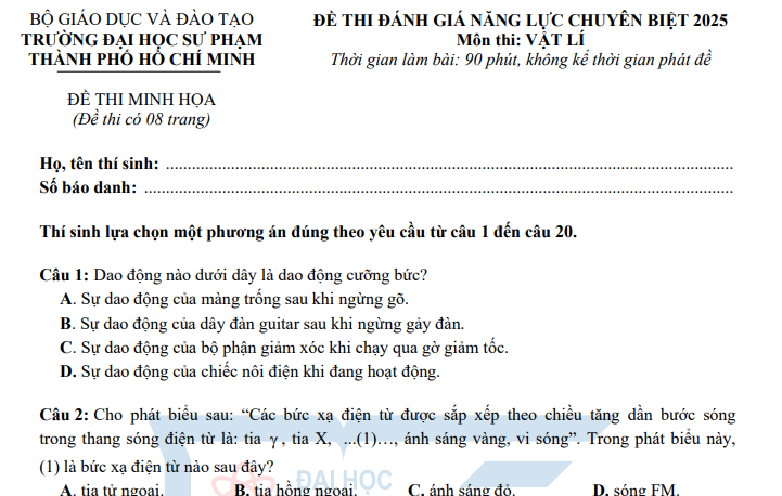 Đề Đánh giá năng lực chuyên biệt Đại học Sư phạm TPHCM 2025 (Có đáp án)