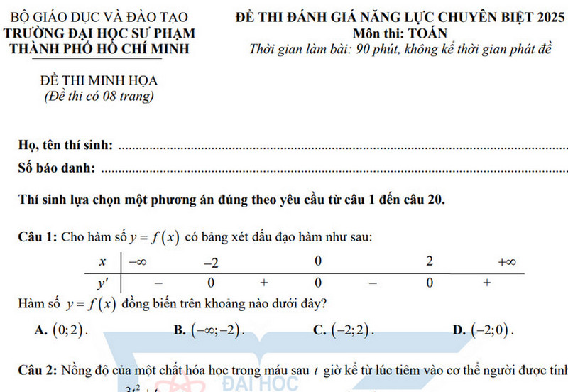 Đề minh họa môn Toán ĐGNL Đại học Sư phạm TPHCM 2025