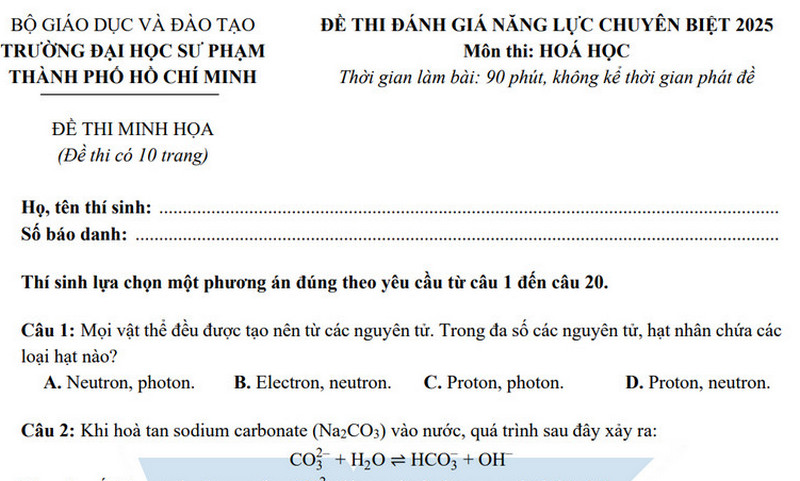 Đề minh họa môn Hóa học - ĐGNL Đại học Sư phạm TPHCM 2025