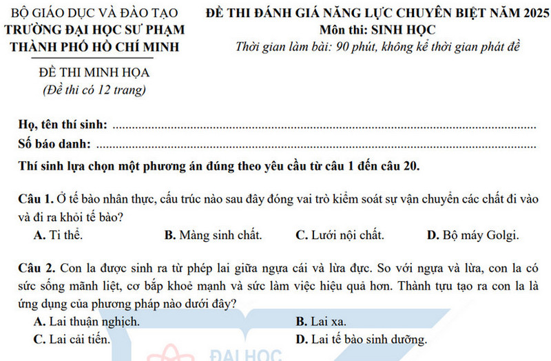 Đề minh họa môn Sinh học - ĐGNL Đại học Sư phạm TPHCM 2025