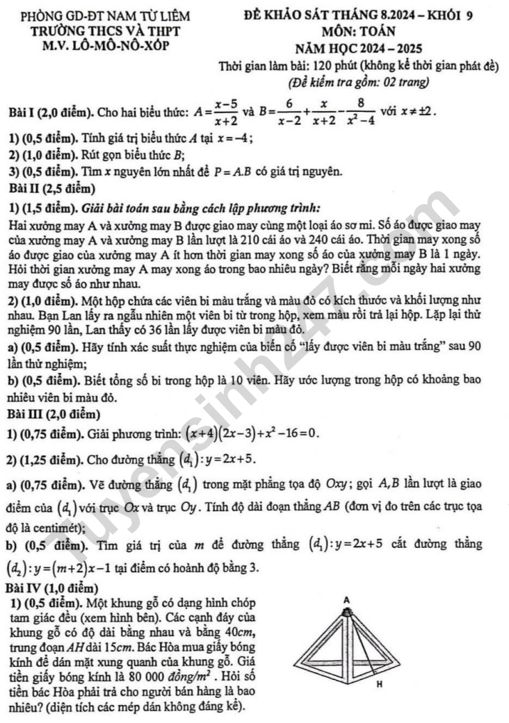 Đề khảo sát môn Toán lớp 9 năm 2024 - THCS và THPT M.V Lô-mô-nô-xốp