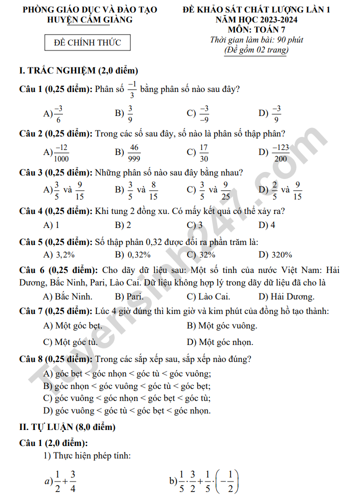 Đề KSCL môn Toán lớp 7 - Cẩm Giàng 2024 (Có đáp án)
