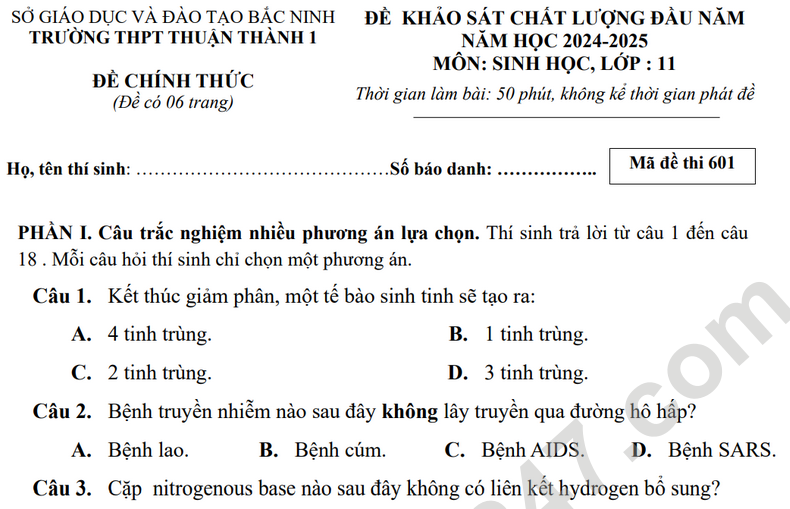 Để KSCL đầu năm môn Sinh lớp 11 năm 2025 - THPT Thuận Thành 1 (Có đáp án)