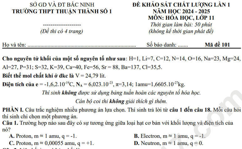 Đề KSCL lớp 11 môn Hóa 2025 - THPT Thuận Thành 1 (Có đáp án)