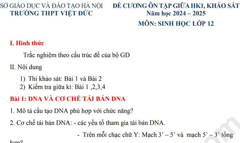 Đề cương ôn tập giữa HK1 lớp 12 môn Sinh 2025 - THPT Việt Đức