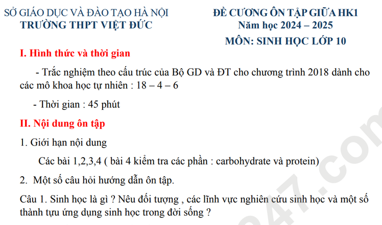 Đề cương ôn tập giữa HK1 môn Sinh lớp 10 năm 2025 - THPT Việt Đức