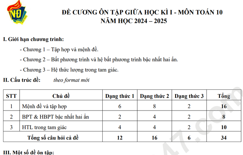 Đề cương ôn tập giữa học kỳ 1 lớp 10 môn Toán - THPT Việt Đức 2025