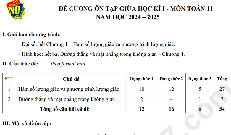 Đề cương ôn tập giữa HK1 môn Toán lớp 11 năm 2025 - THPT Việt Đức