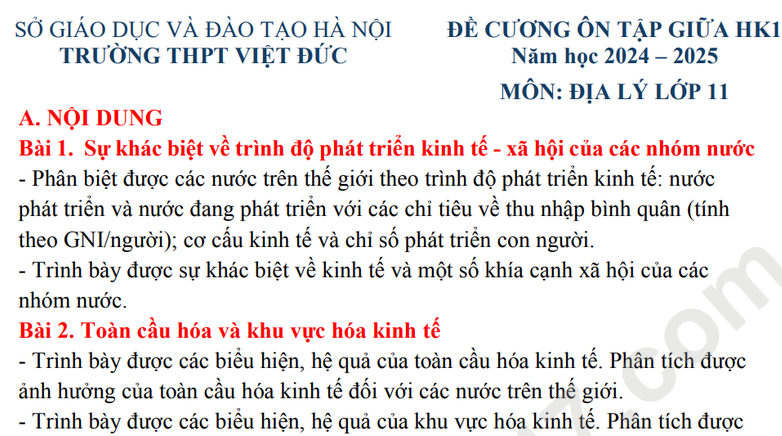 Đề cương ôn tập giữa HK1 môn Địa lớp 11 - THPT Việt Đức 2025